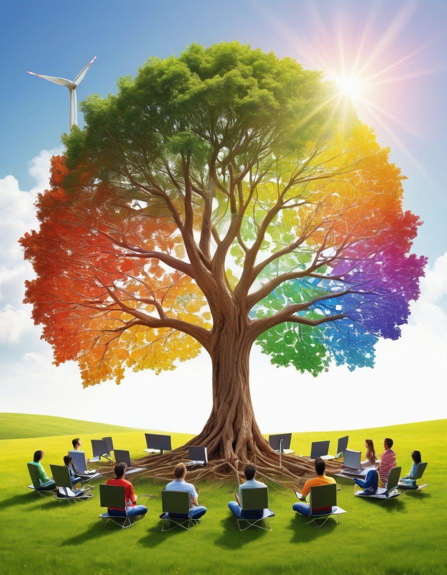 A vibrant, diverse group of people in nature, surrounded by lush greenery and eco-friendly elements like solar panels and wind turbines. They are collaborating on laptops and tablets with rainbow flags in the background, symbolizing inclusivity. A large tree with roots intertwining forms the center, representing growth and connection. digital illustration. vibrant colors. white background.