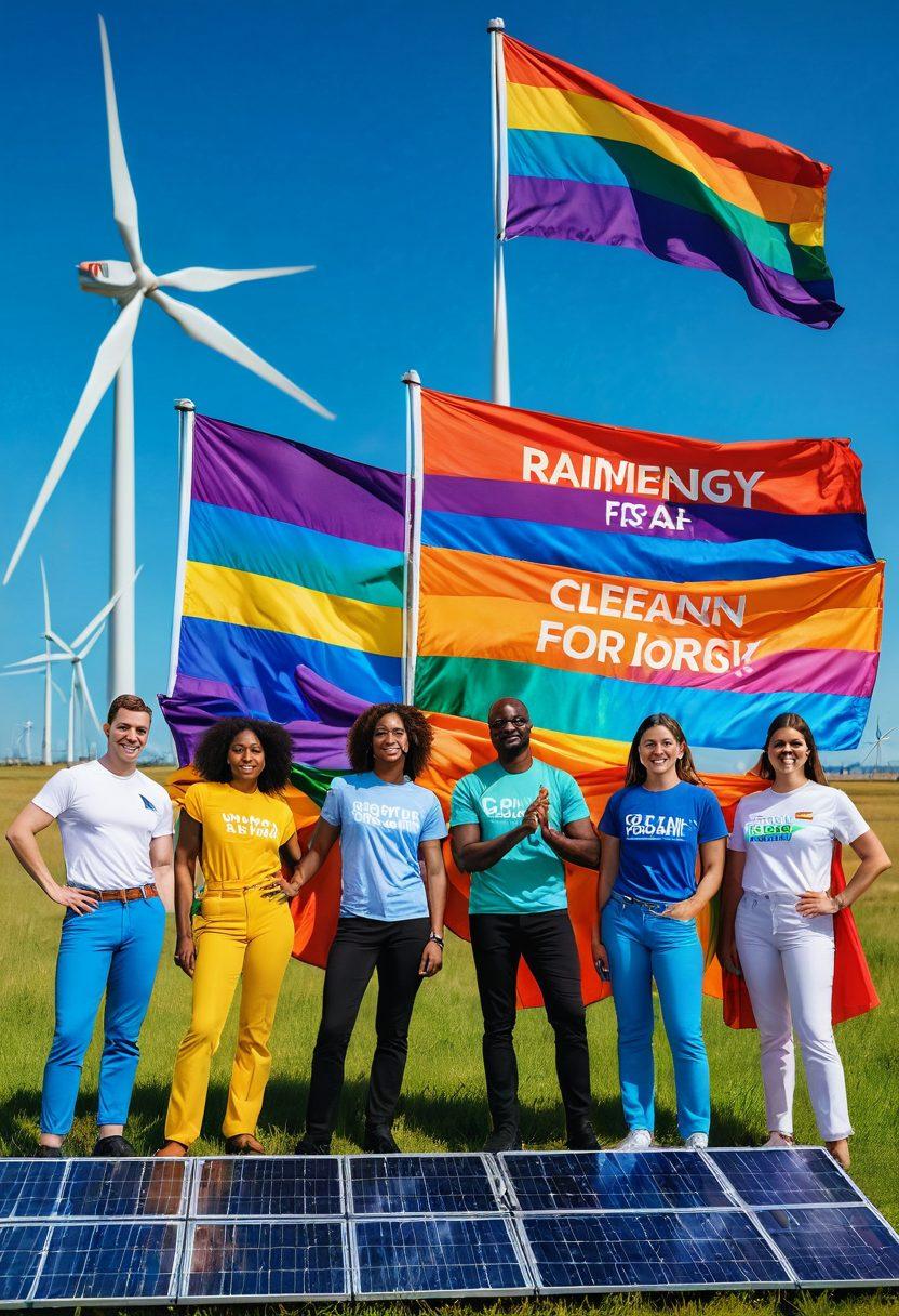 A diverse group of LGBTQ activists wearing colorful outfits stand united against a backdrop of wind turbines and solar panels under a clear blue sky. They're holding rainbow flags and banners that read 'Clean Energy for All!' with a vibrant green landscape symbolizing eco-friendly solutions. The background features a futuristic city with zero-emission buildings. vibrant colors. super-realistic.