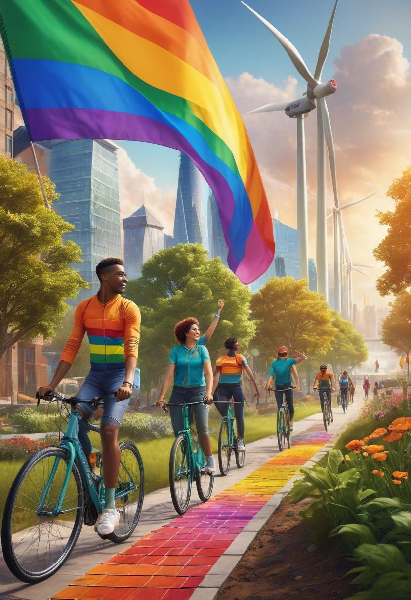 A lively scene of diverse LGBTQ individuals joyfully working together on green projects – installing solar panels, planting trees, and biking on eco-friendly paths, with a futuristic city skyline in the background featuring green buildings and wind turbines. rainbow flags and symbols of unity and pride integrated into the environment. super-realistic. vibrant colors.